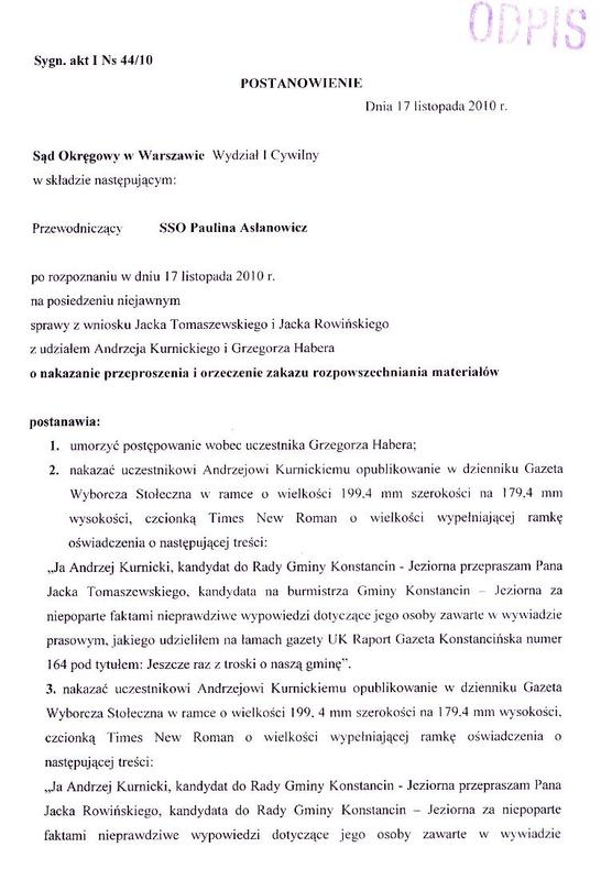 Tomaszewski & Rowiński kontra UK_RAPORT , Andrzej Kurnicki , Grzegorz Habera- sąd postanowi